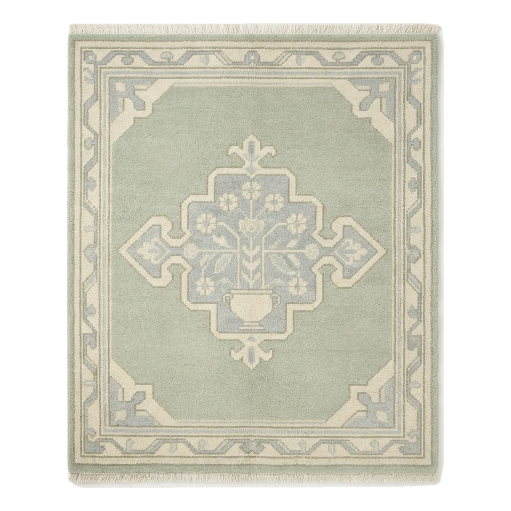 Sage Green Square Hand-Knotted Rug with Ivory Vase Medallion