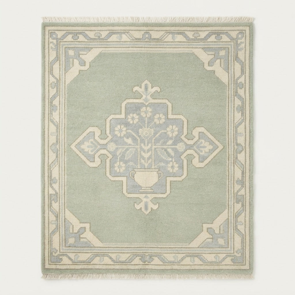 Sage Green Square Hand-Knotted Rug with Ivory Vase Medallion - studio photo