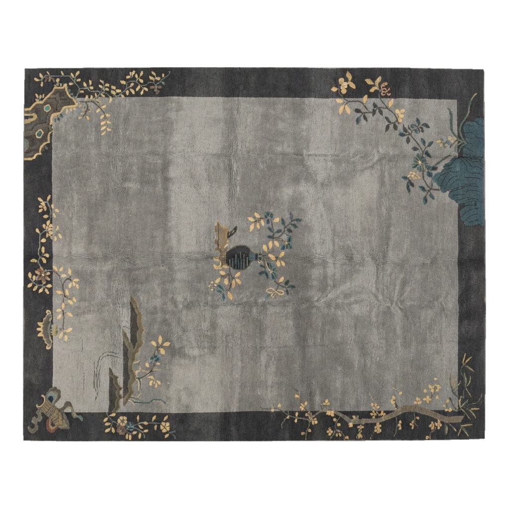 Silver Grey Chinese Art Deco Hand-Knotted Rug with Charcoal Border - alternate view