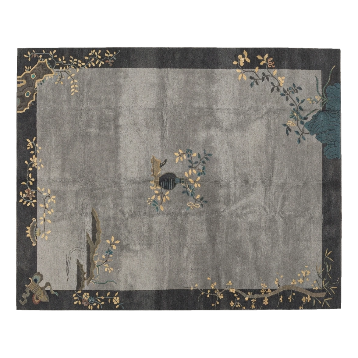 Silver Grey Chinese Art Deco Hand-Knotted Rug with Charcoal Border - alternate view