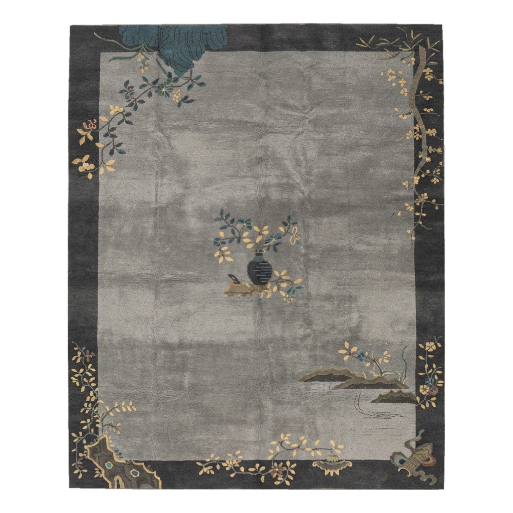 Silver Grey Chinese Art Deco Hand-Knotted Rug with Charcoal Border