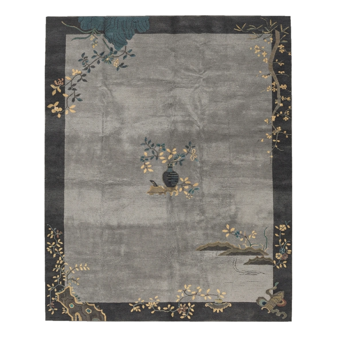 Silver Grey Chinese Art Deco Hand-Knotted Rug with Charcoal Border