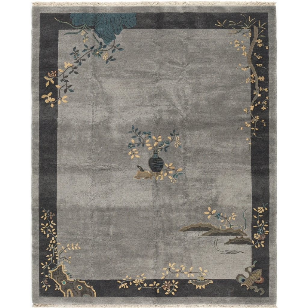 Silver Grey Chinese Art Deco Hand-Knotted Rug with Charcoal Border - studio photo