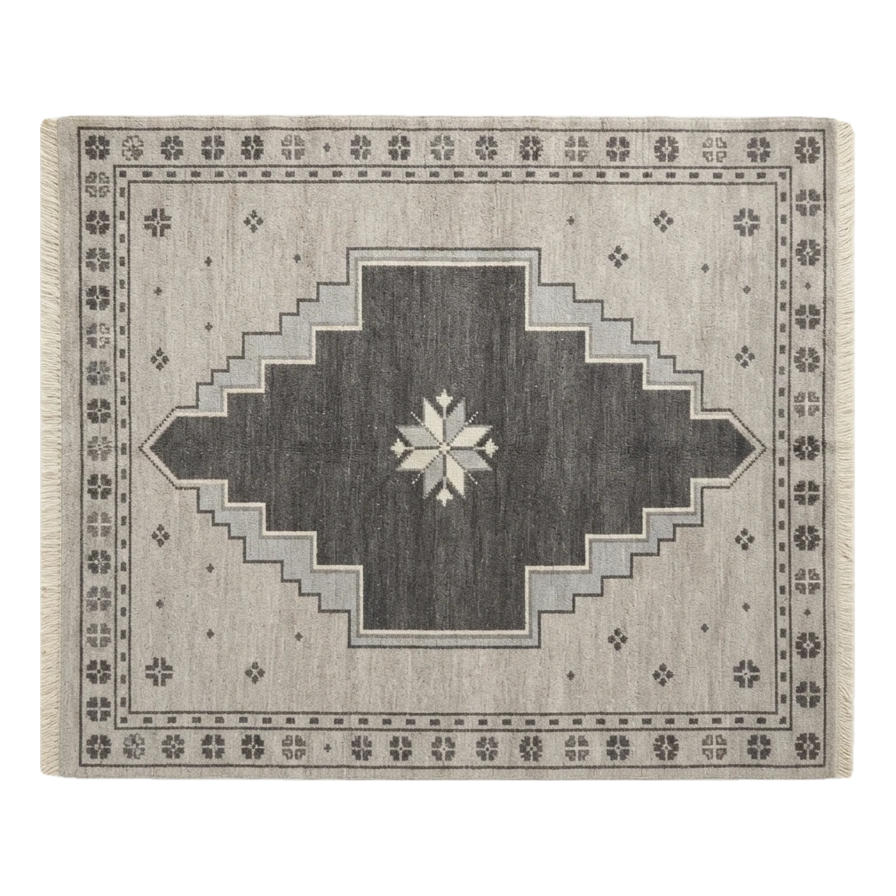 Silver Grey Hand-Knotted Rug with Charcoal Stepped Medallion - alternate view