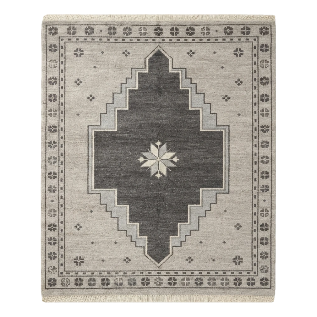 Silver Grey Hand-Knotted Rug with Charcoal Stepped Medallion