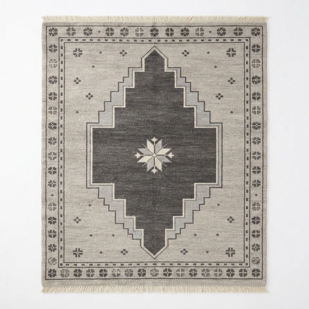 Silver Grey Hand-Knotted Rug with Charcoal Stepped Medallion - studio photo