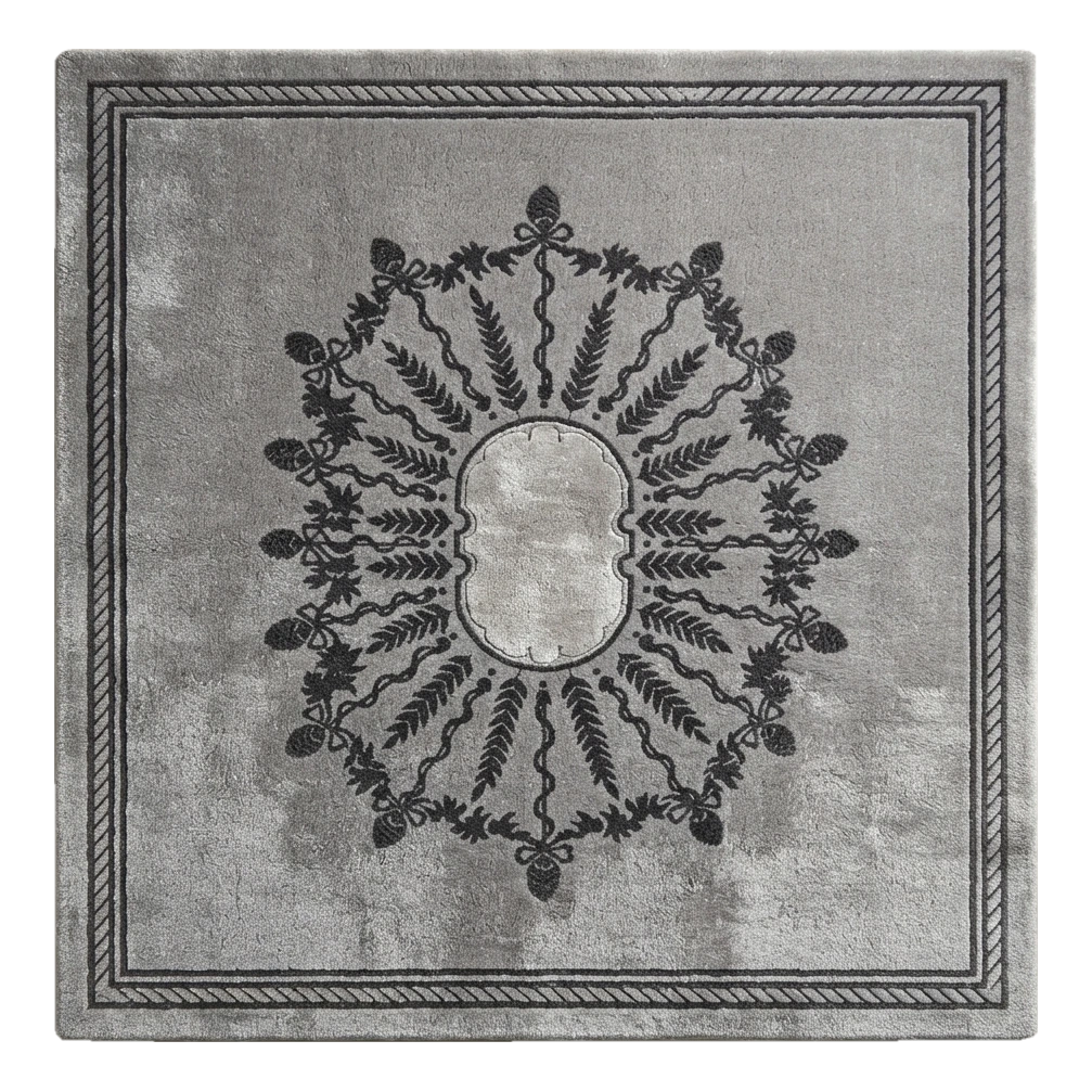 Silver Grey Hand-Tufted Rug with Charcoal Botanical Wreath Medallion - alternate view