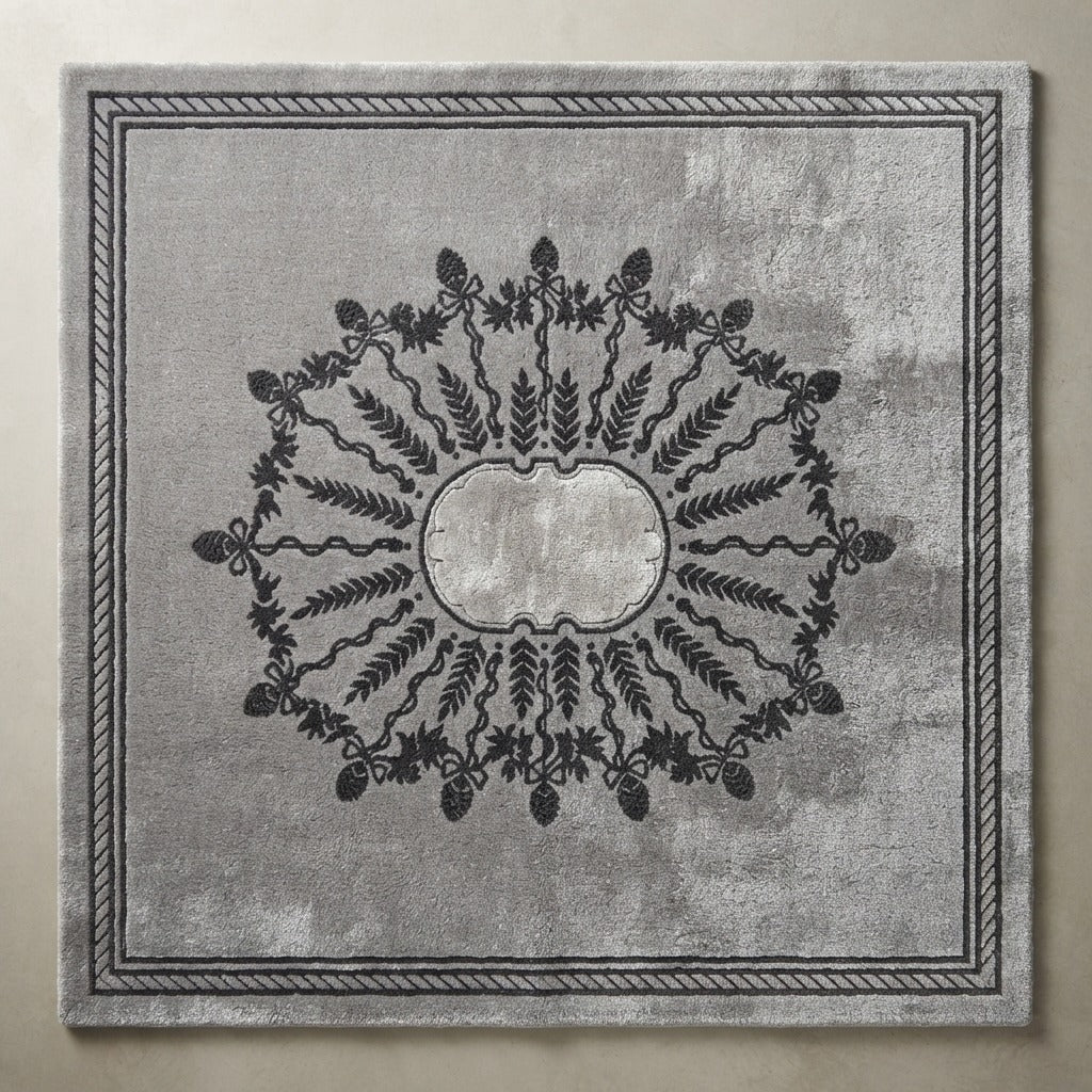 Silver Grey Hand-Tufted Rug with Charcoal Botanical Wreath Medallion - studio photo