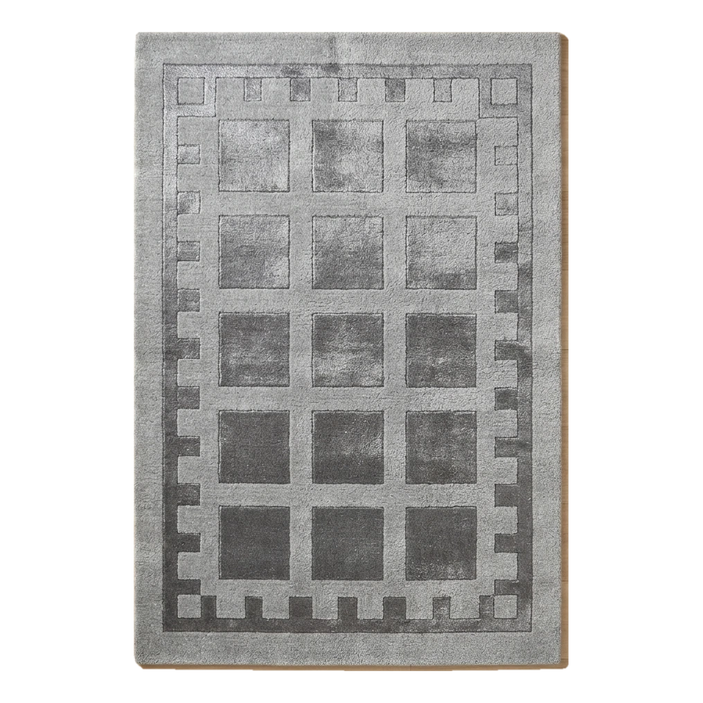 Silver Grey Hand-Tufted Rug with Charcoal Window Grid Border
