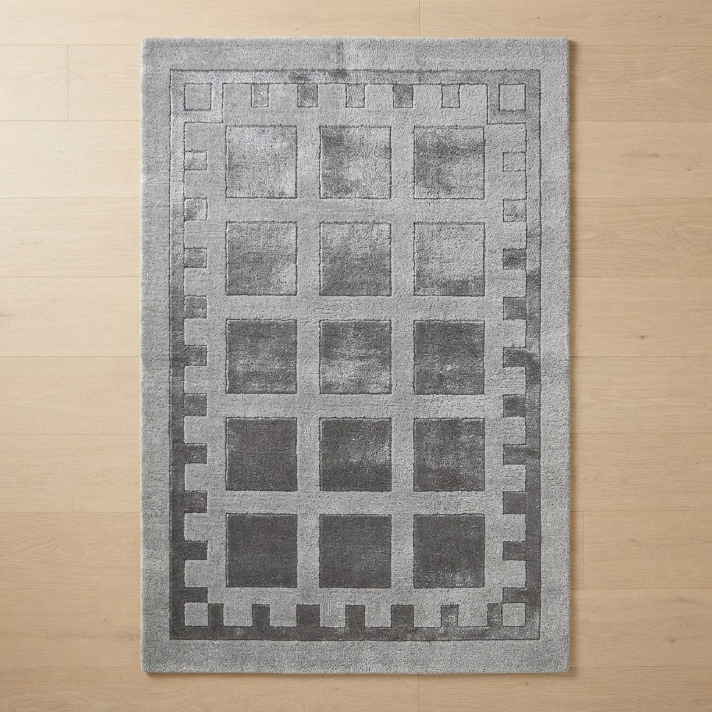 Silver Grey Hand-Tufted Rug with Charcoal Window Grid Border - studio photo