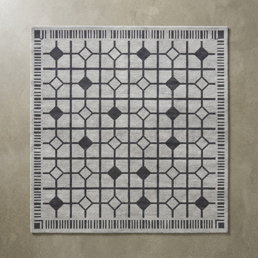 Silver Grey Lattice Hand-Tufted Rug with Charcoal Diamond Accents - studio photo