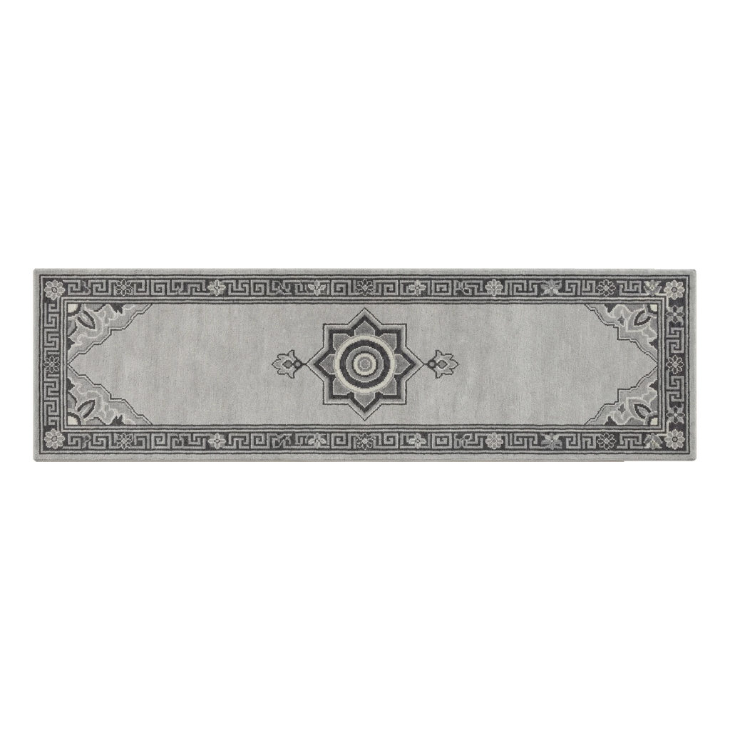 Silver Grey Medallion Hand-Tufted Runner with Charcoal Greek Key Border - alternate view