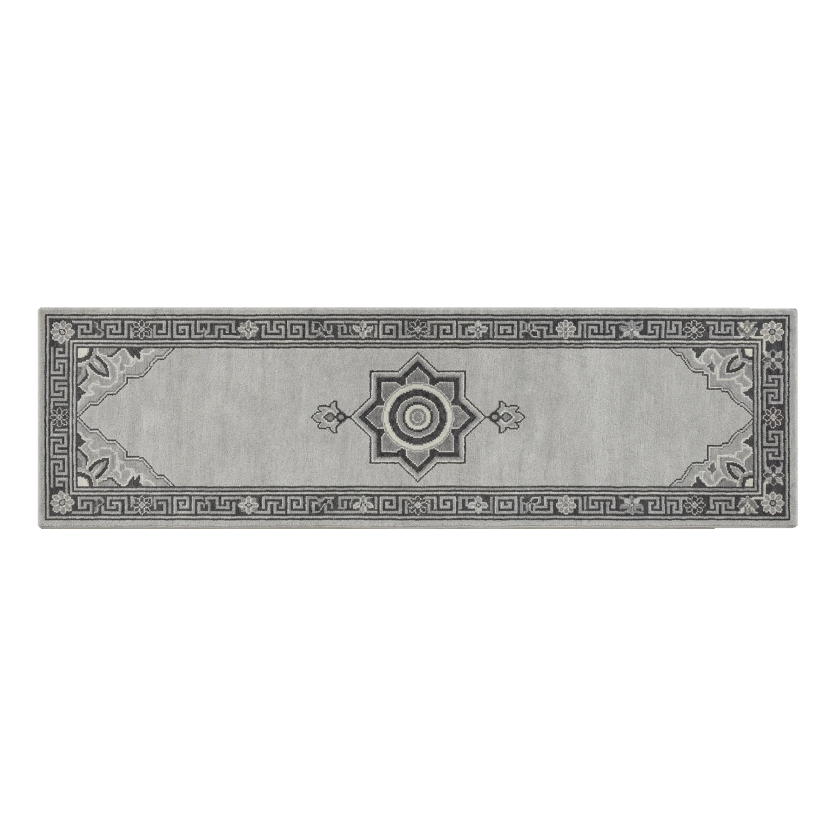 Silver Grey Medallion Hand-Tufted Runner with Charcoal Greek Key Border - alternate view