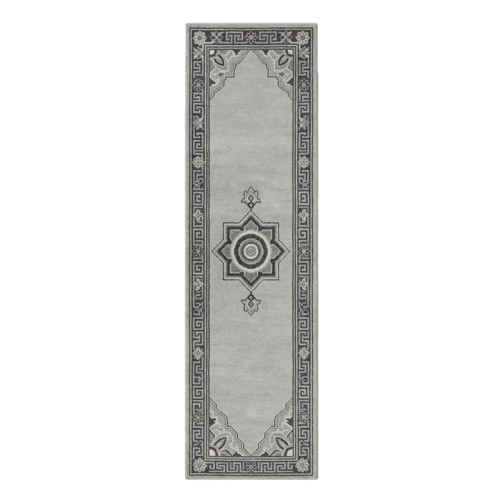Silver Grey Medallion Hand-Tufted Runner with Charcoal Greek Key Border