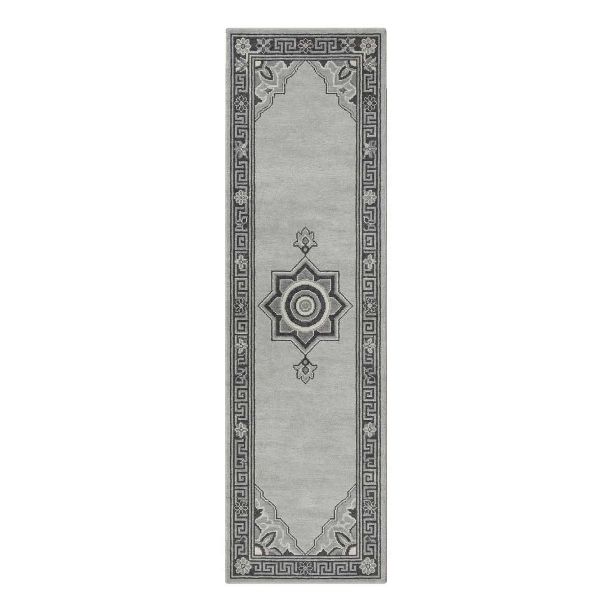 Silver Grey Medallion Hand-Tufted Runner with Charcoal Greek Key Border