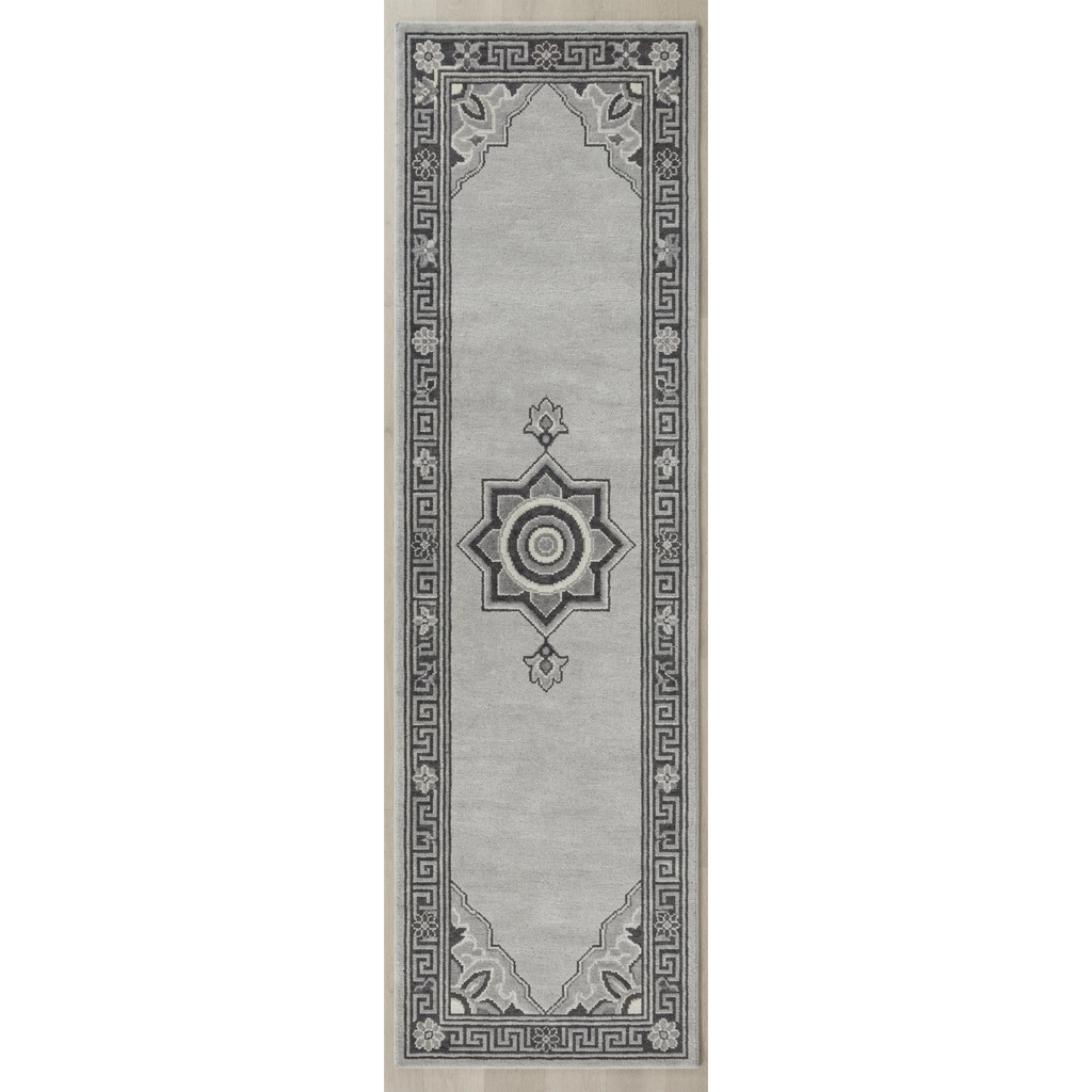 Silver Grey Medallion Hand-Tufted Runner with Charcoal Greek Key Border - studio photo