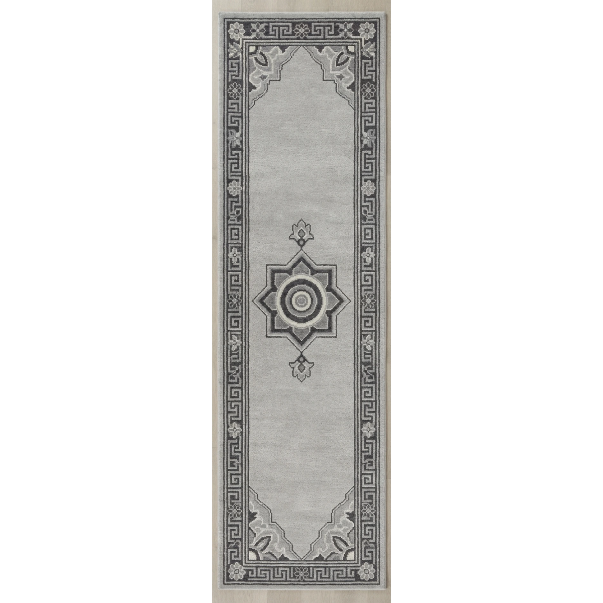 Silver Grey Medallion Hand-Tufted Runner with Charcoal Greek Key Border - studio photo