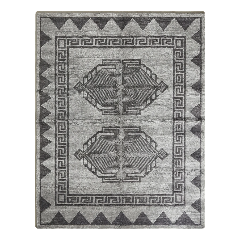 Silver Grey Tribal Hand-Tufted Rug with Charcoal Sawtooth Border - alternate view