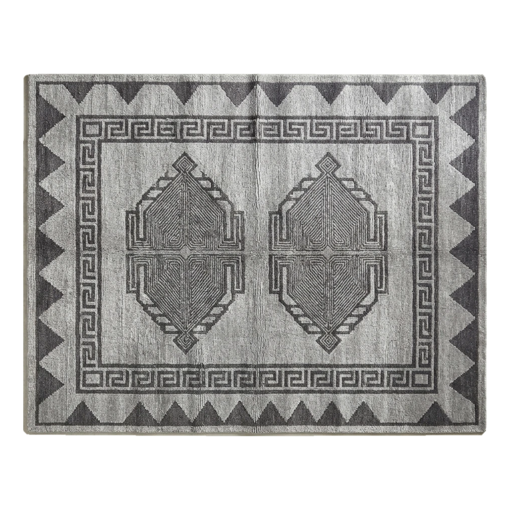 Silver Grey Tribal Hand-Tufted Rug with Charcoal Sawtooth Border