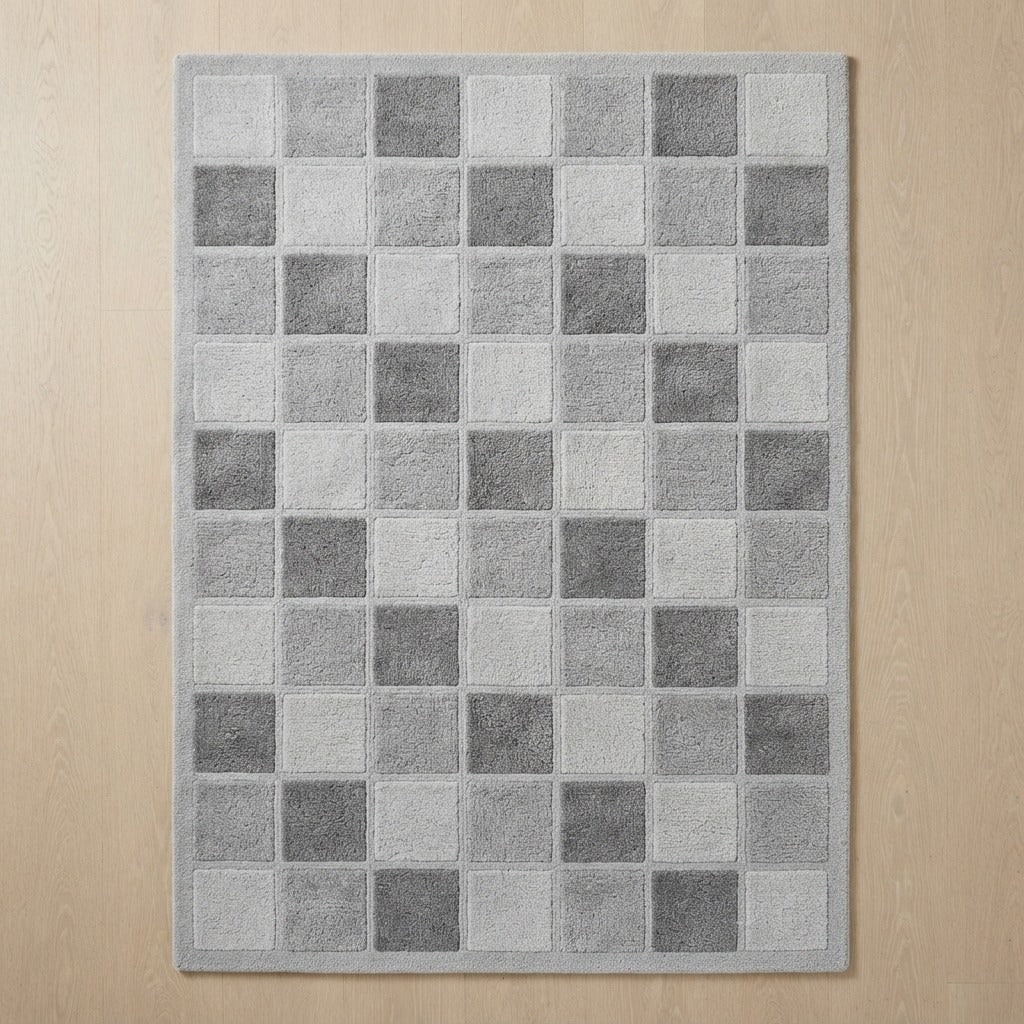 Silver and Charcoal Grey Checkerboard Hand-Tufted Rug - studio photo