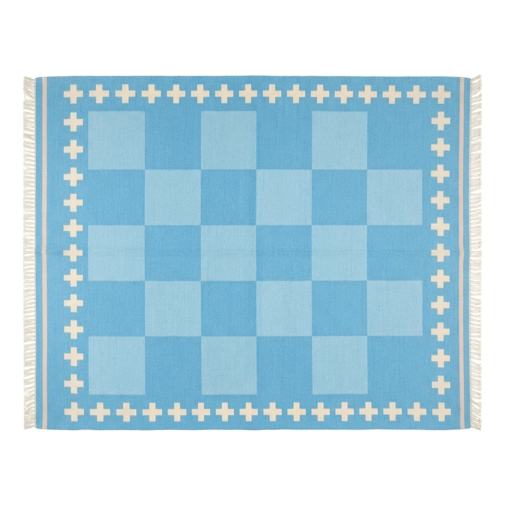 Sky Blue Checkerboard Cotton Flat Weave Rug with Ivory Cross Border - alternate view