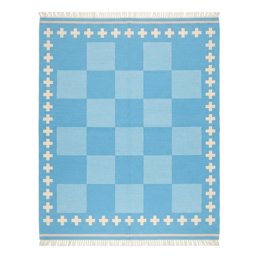 Sky Blue Checkerboard Cotton Flat Weave Rug with Ivory Cross Border