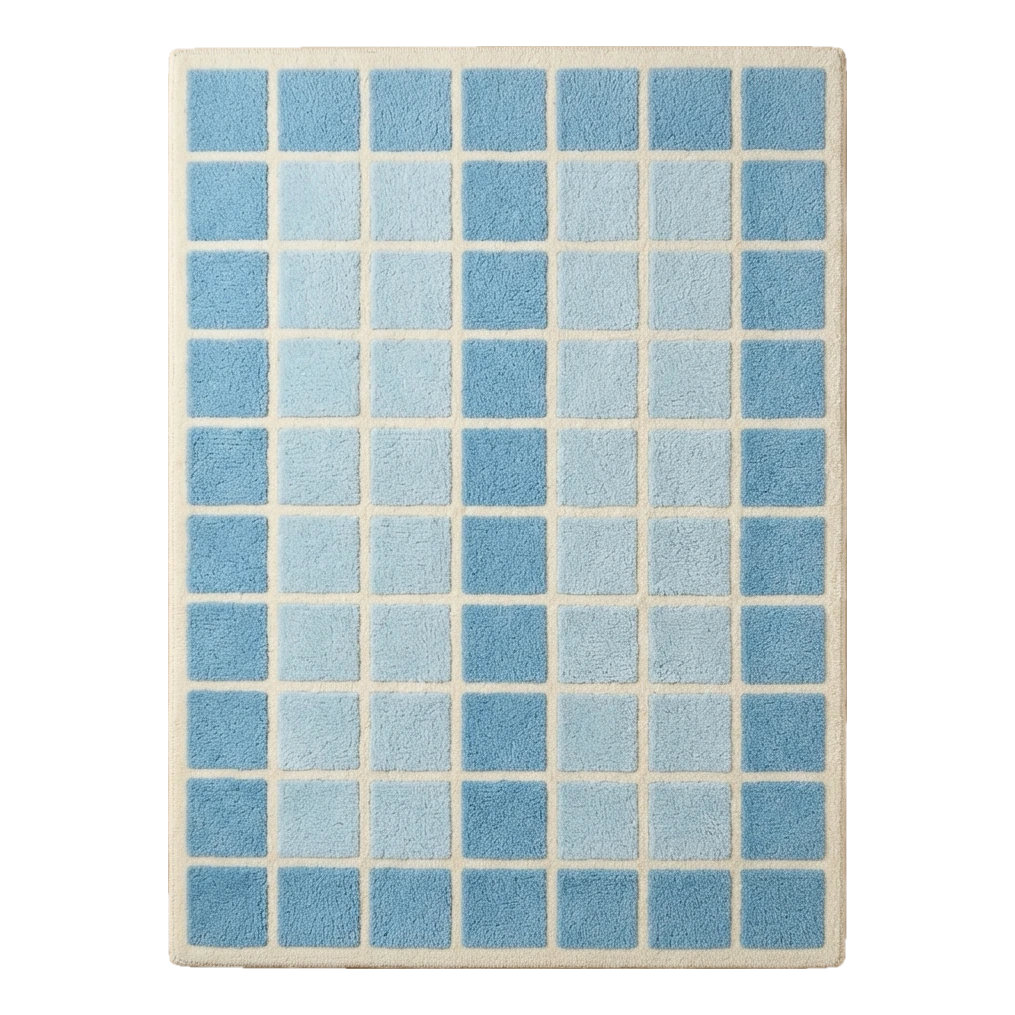 Sky Blue Checkerboard Hand-Tufted Rug with Ivory Grid Lines