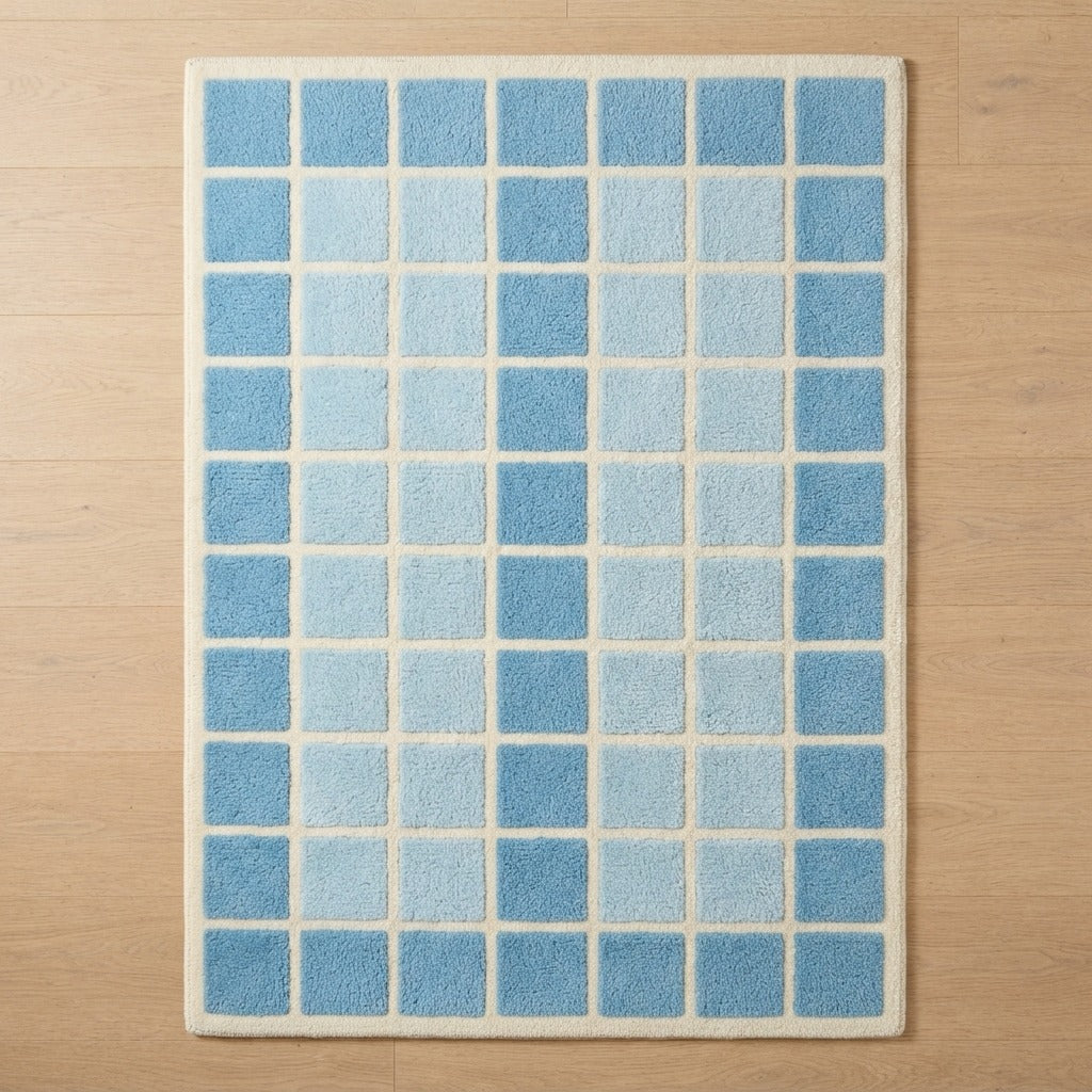 Sky Blue Checkerboard Hand-Tufted Rug with Ivory Grid Lines - studio photo