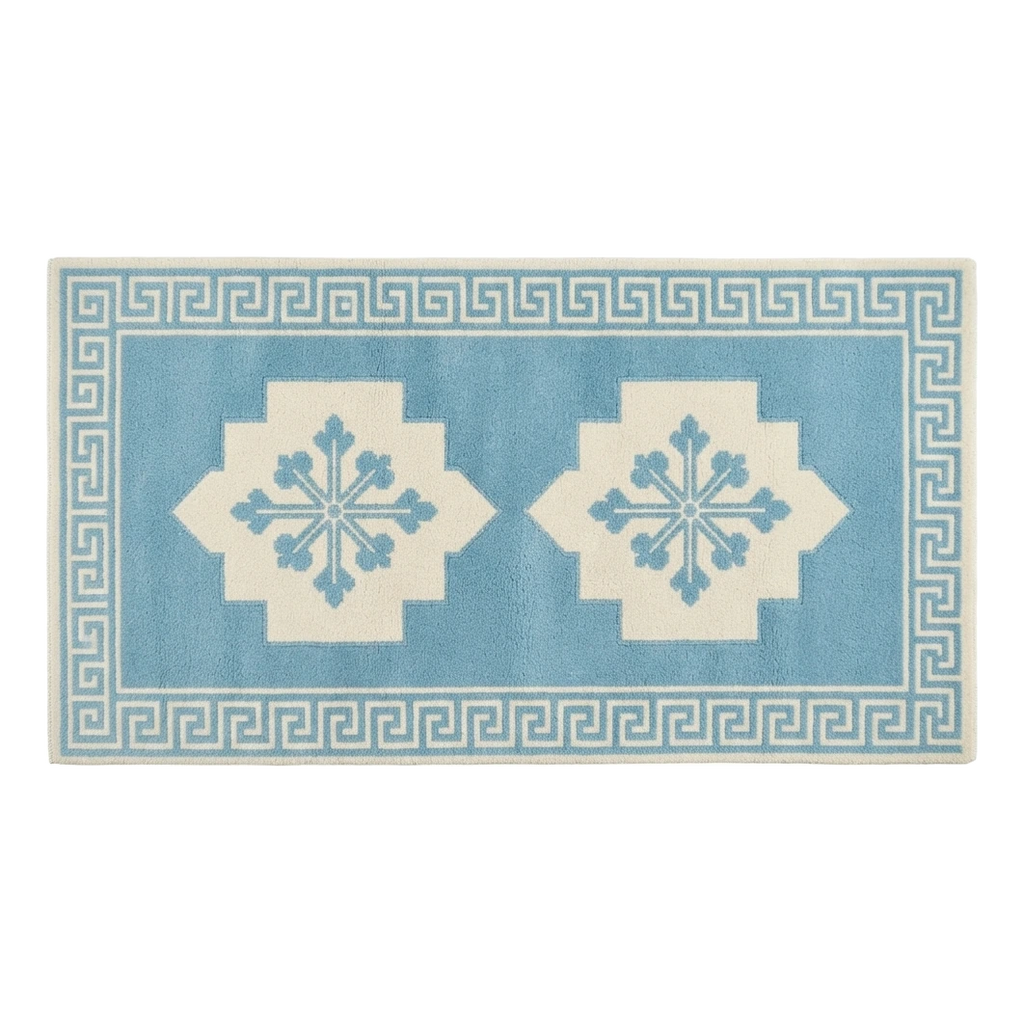 Sky Blue Double Medallion Hand-Tufted Runner with Ivory Greek Key Border - alternate view