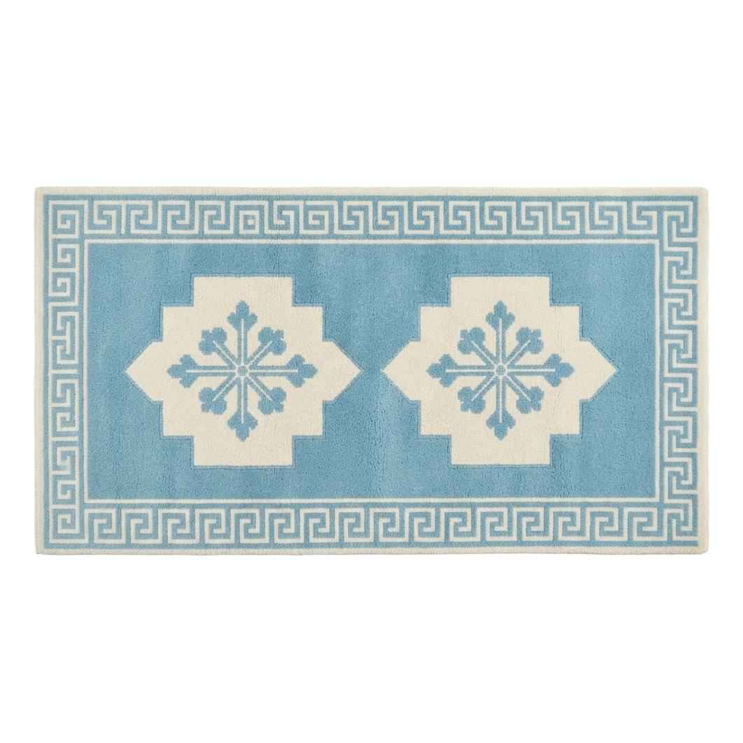 Sky Blue Double Medallion Hand-Tufted Runner with Ivory Greek Key Border - alternate view