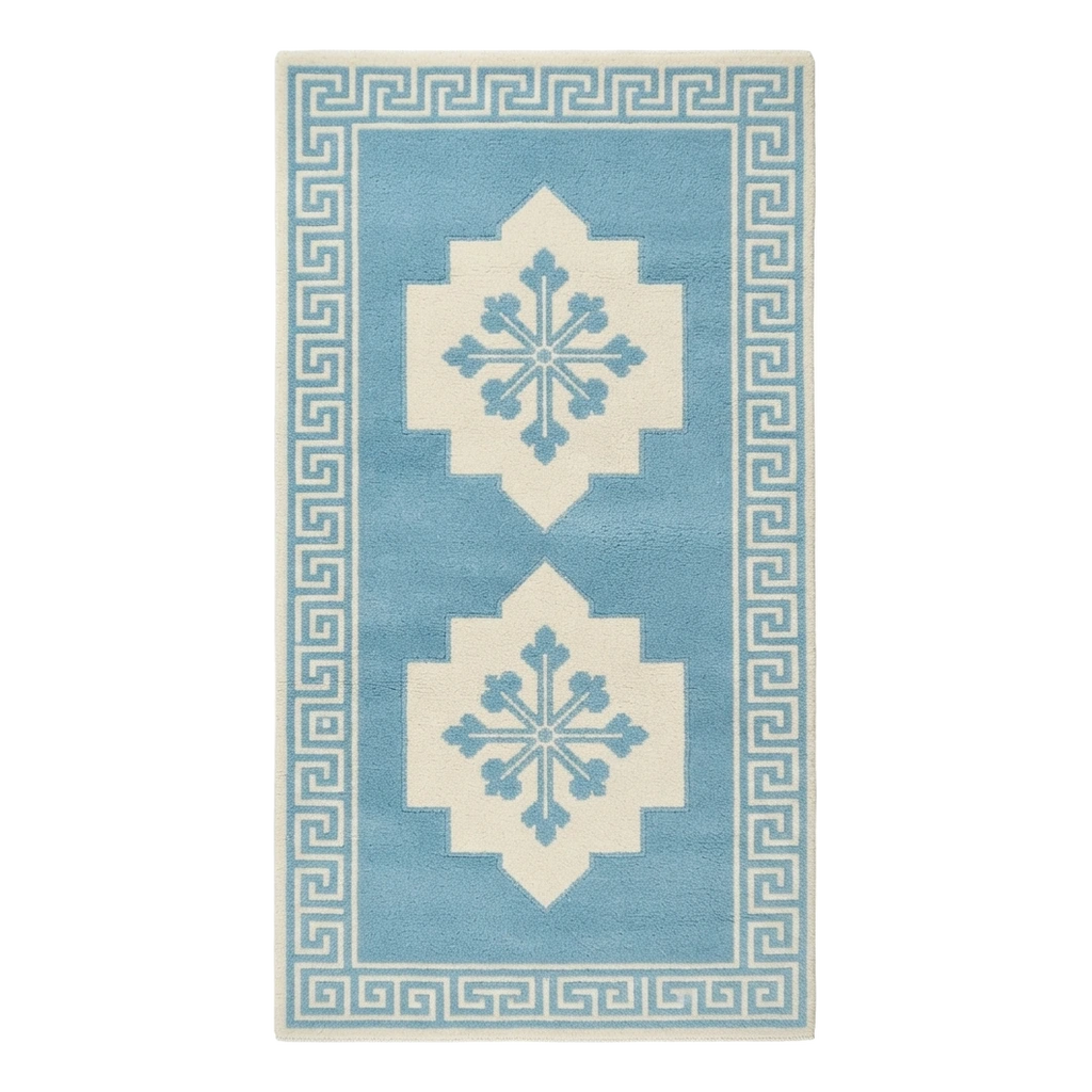 Sky Blue Double Medallion Hand-Tufted Runner with Ivory Greek Key Border