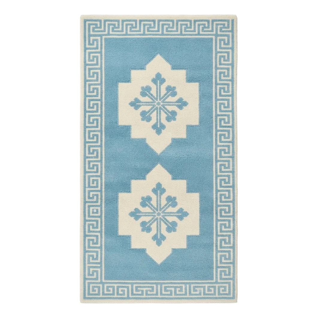 Sky Blue Double Medallion Hand-Tufted Runner with Ivory Greek Key Border