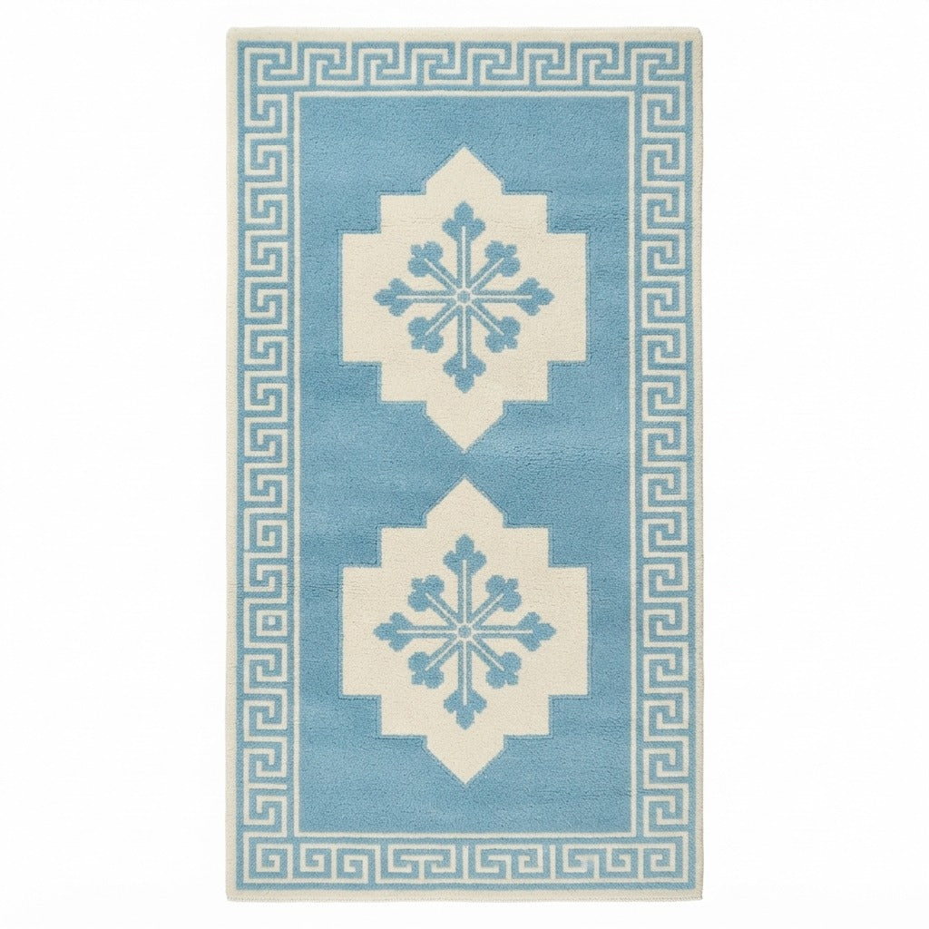 Sky Blue Double Medallion Hand-Tufted Runner with Ivory Greek Key Border - studio photo