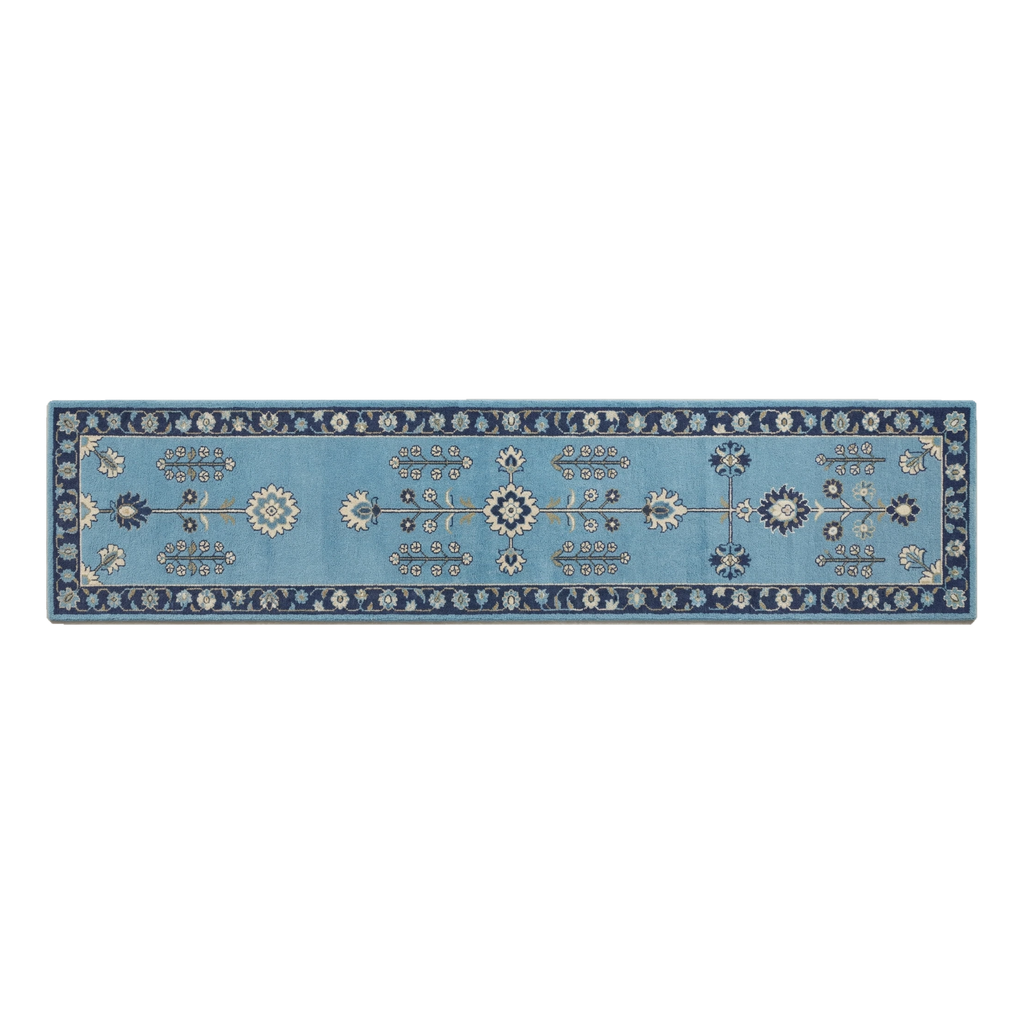 Sky Blue Floral Hand-Tufted Runner with Navy Vine Border - alternate view