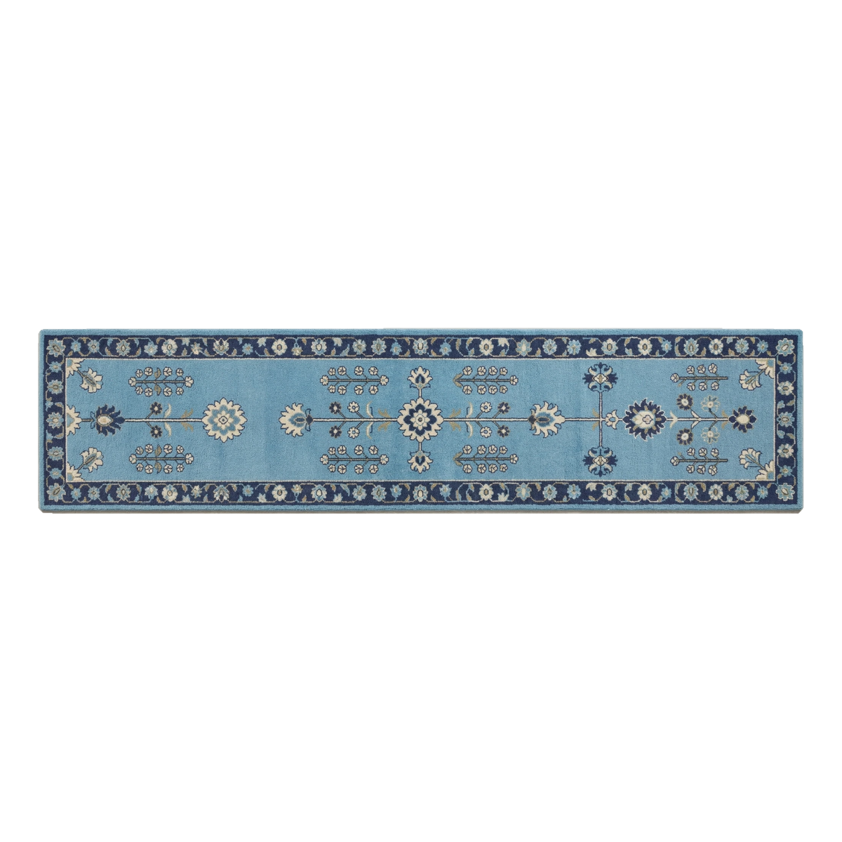 Sky Blue Floral Hand-Tufted Runner with Navy Vine Border - alternate view