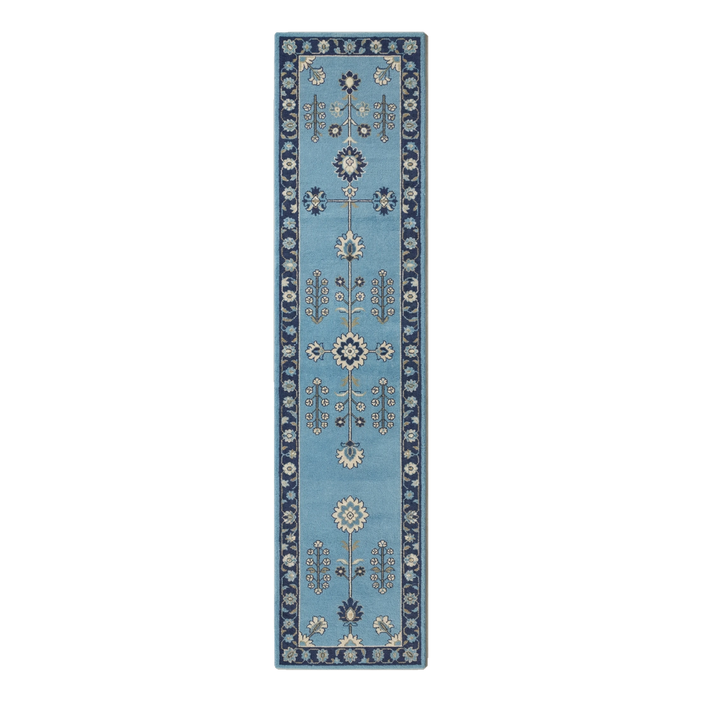 Sky Blue Floral Hand-Tufted Runner with Navy Vine Border