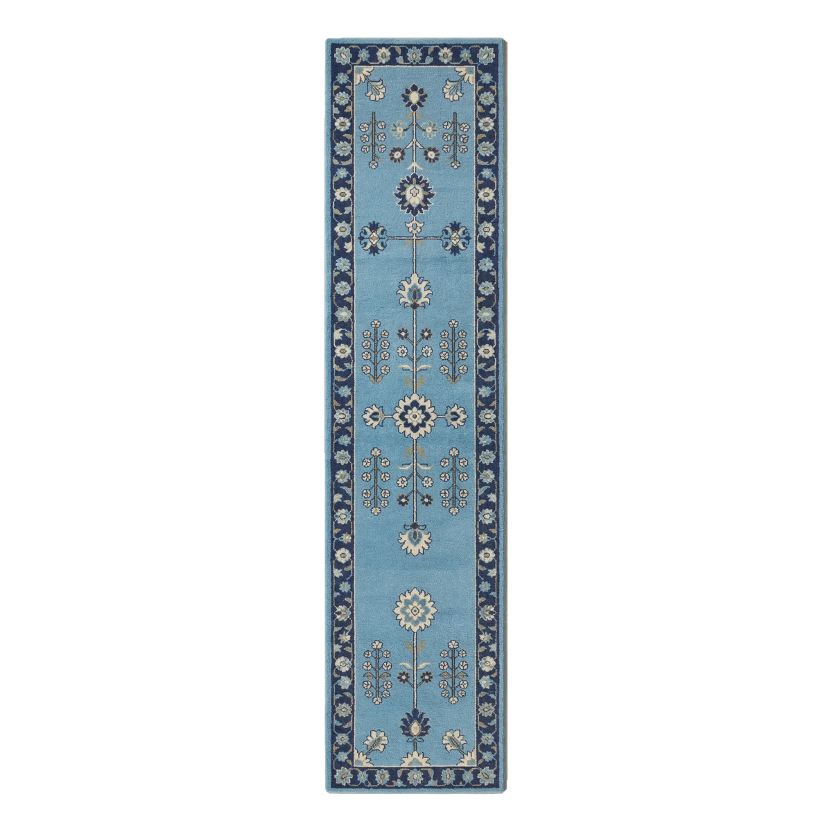 Sky Blue Floral Hand-Tufted Runner with Navy Vine Border