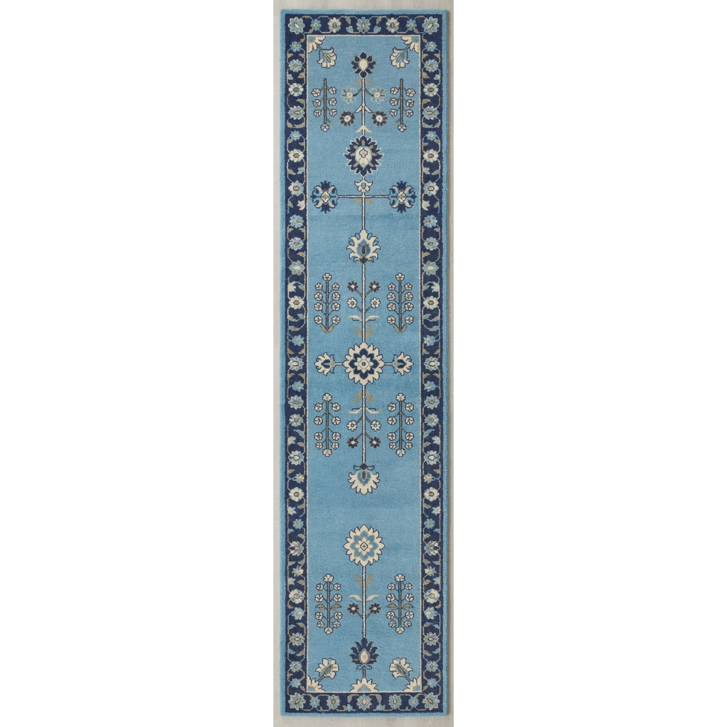 Sky Blue Floral Hand-Tufted Runner with Navy Vine Border - studio photo