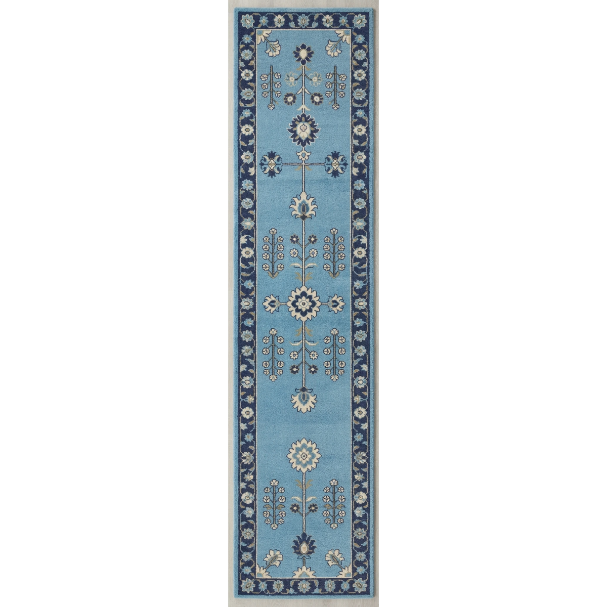 Sky Blue Floral Hand-Tufted Runner with Navy Vine Border - studio photo