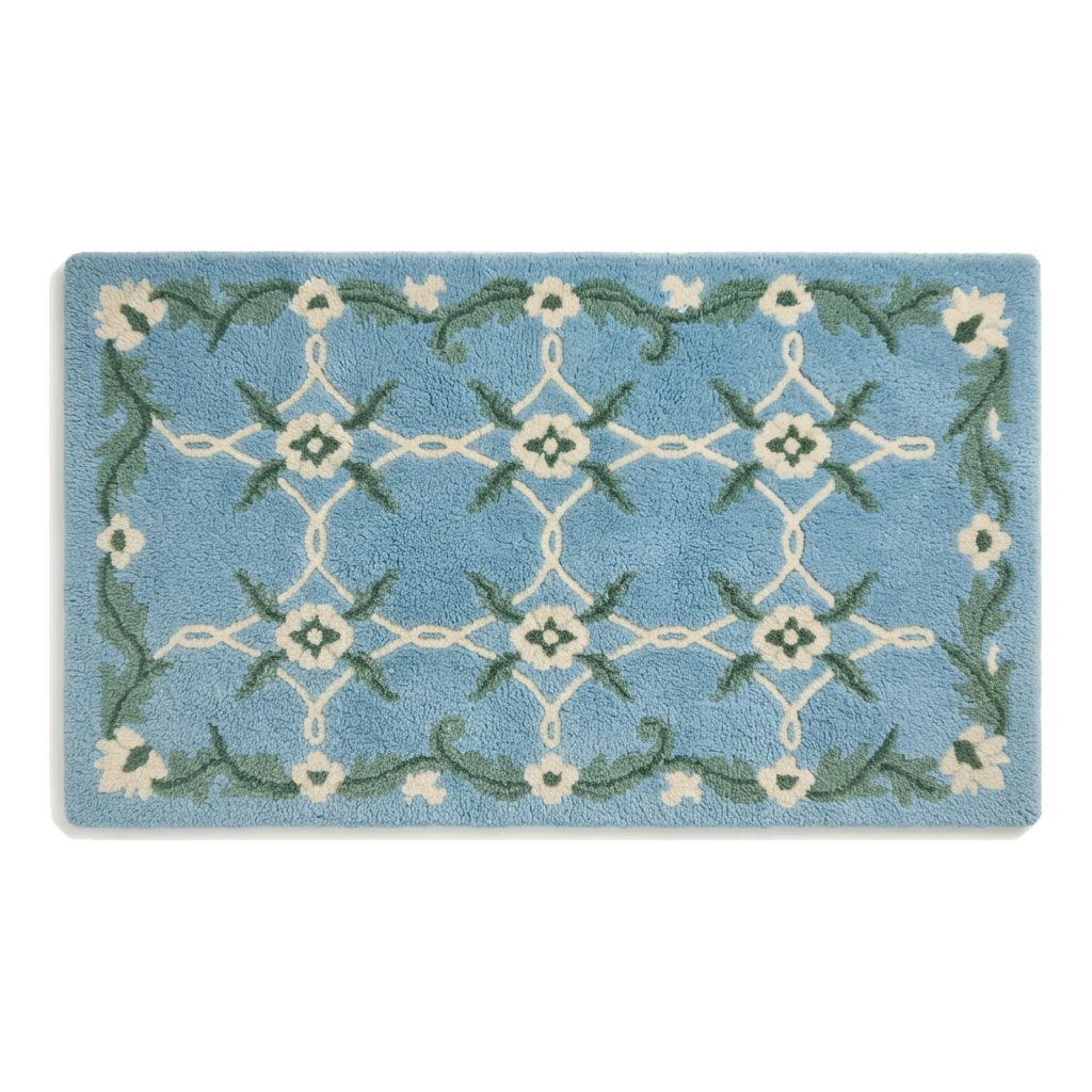 Sky Blue Floral Trellis Hand-Tufted Rug with Green Vine Border - alternate view