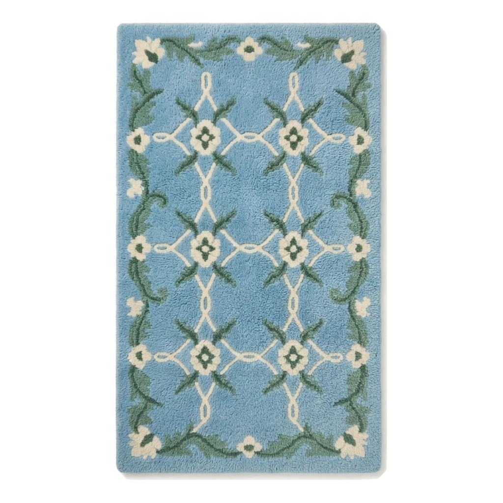 Sky Blue Floral Trellis Hand-Tufted Rug with Green Vine Border