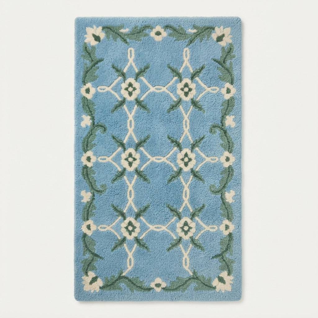 Sky Blue Floral Trellis Hand-Tufted Rug with Green Vine Border - studio photo