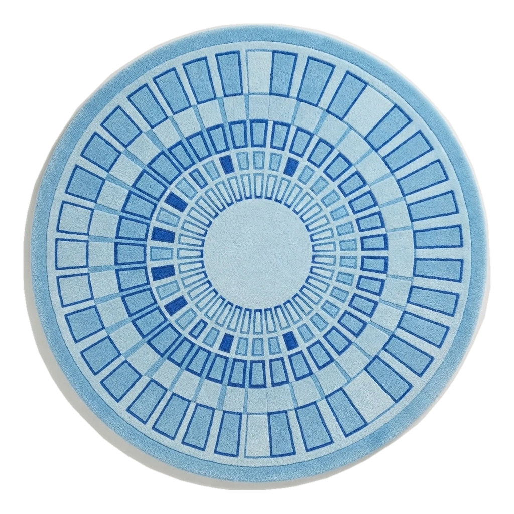 Sky Blue Round Hand-Tufted Rug with Cobalt Art Deco Sunburst - alternate view