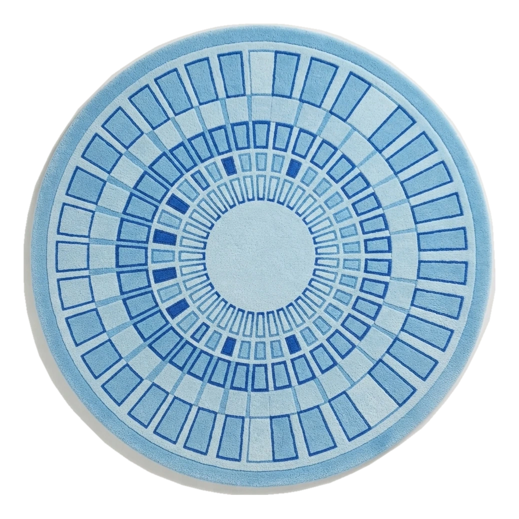 Sky Blue Round Hand-Tufted Rug with Cobalt Art Deco Sunburst - alternate view