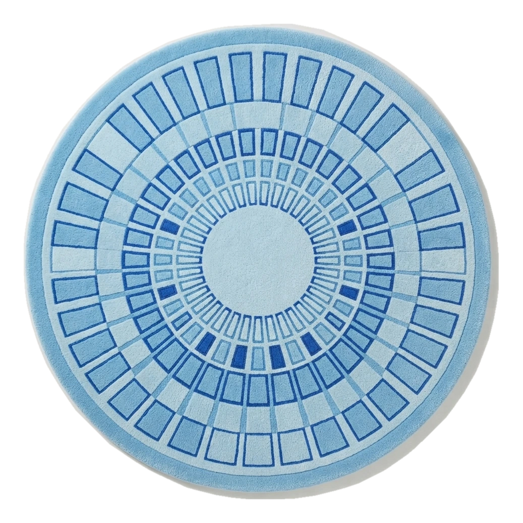 Sky Blue Round Hand-Tufted Rug with Cobalt Art Deco Sunburst
