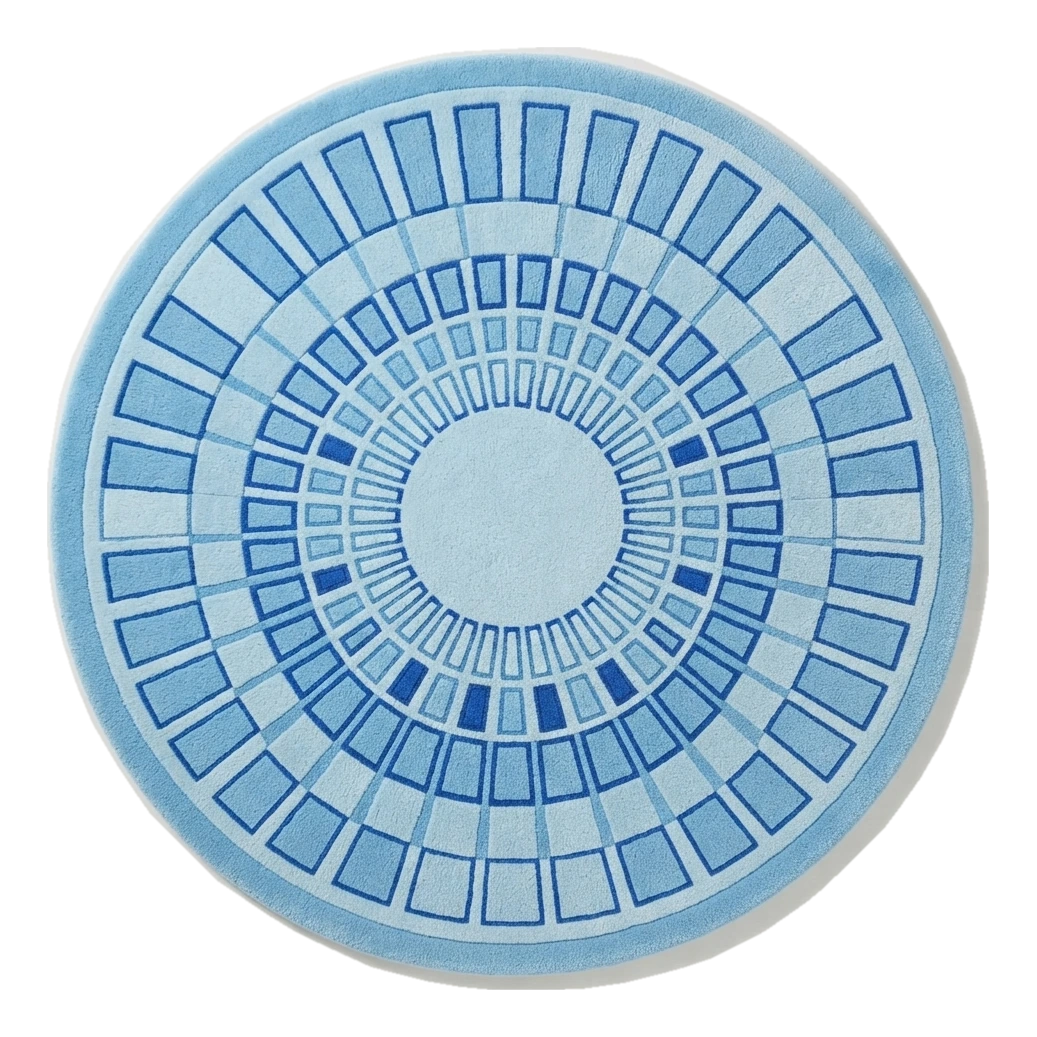 Sky Blue Round Hand-Tufted Rug with Cobalt Art Deco Sunburst