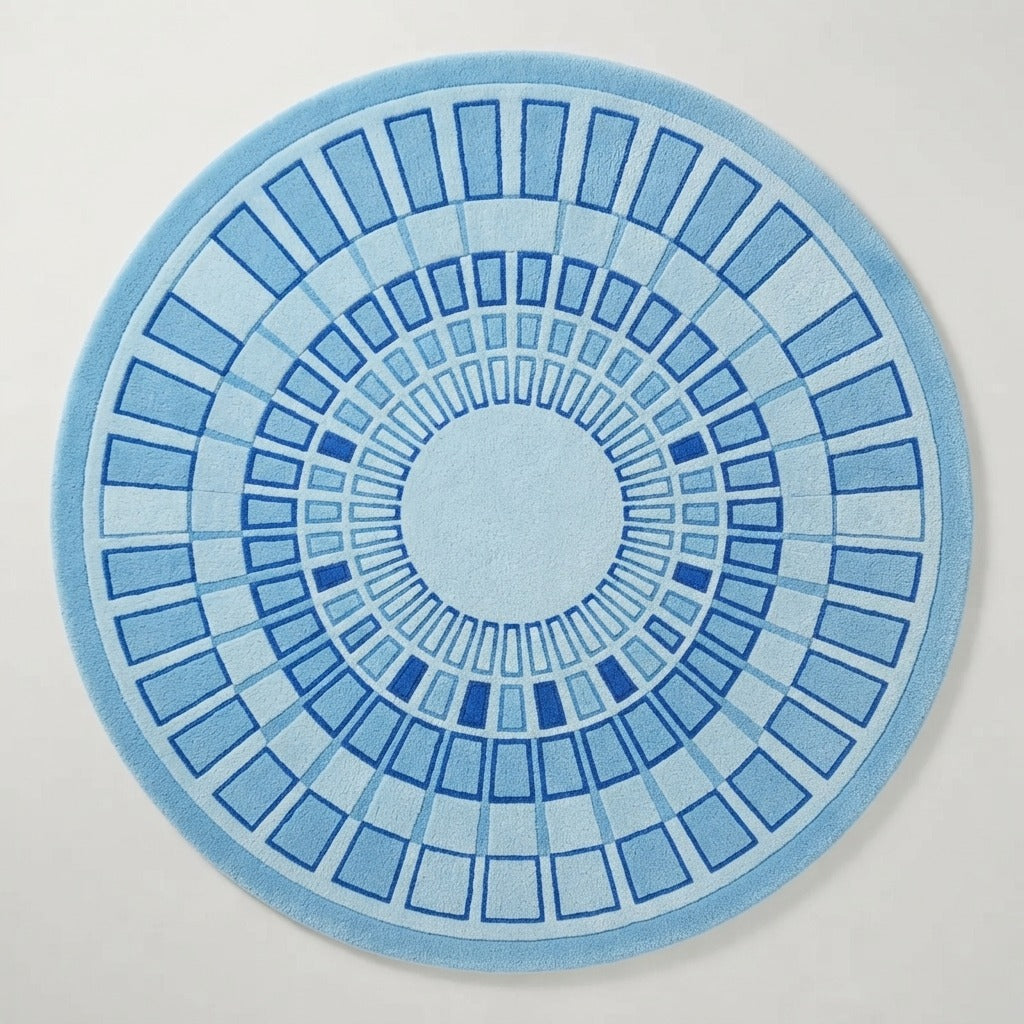 Sky Blue Round Hand-Tufted Rug with Cobalt Art Deco Sunburst - studio photo