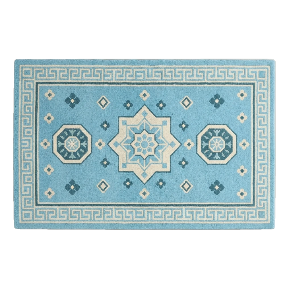 Sky Blue Star Medallion Hand-Tufted Runner with Ivory Greek Key Border - alternate view