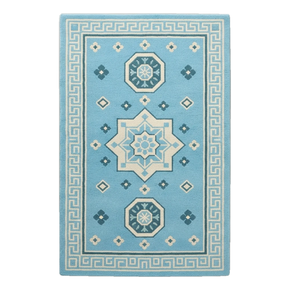 Sky Blue Star Medallion Hand-Tufted Runner with Ivory Greek Key Border