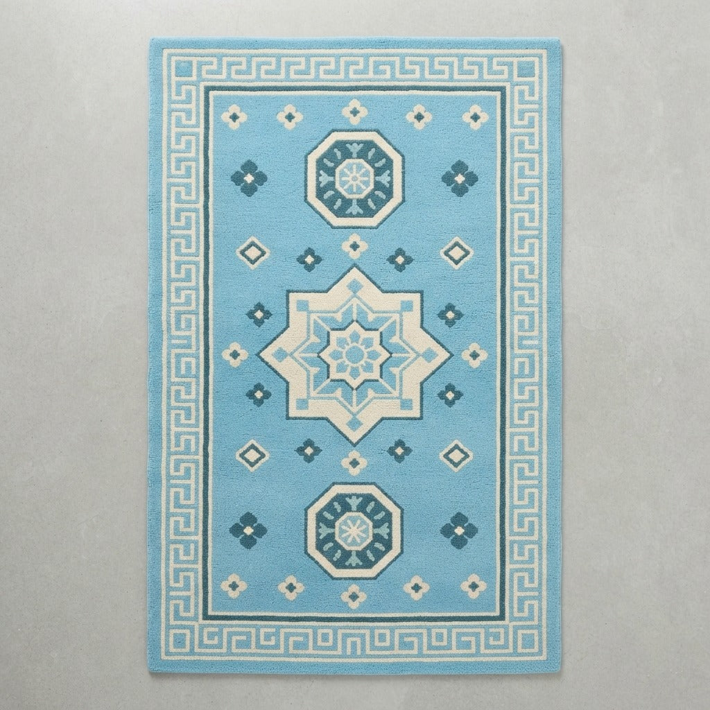 Sky Blue Star Medallion Hand-Tufted Runner with Ivory Greek Key Border - studio photo